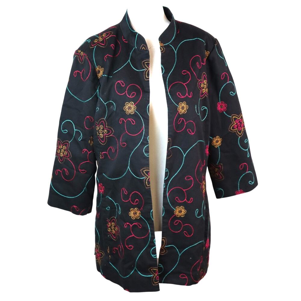 Vintage 90s City Girl Nancy Bolen Black Blazer Open Front Floral Embroidered